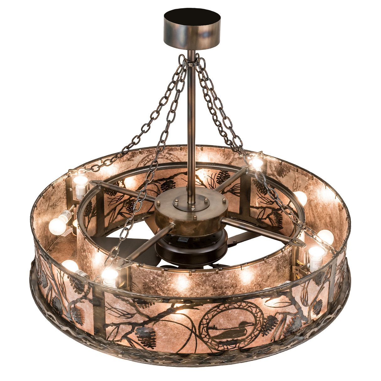 Top lit view displaying inner bulbs and fan assembly of the Loon Chandel-Air.