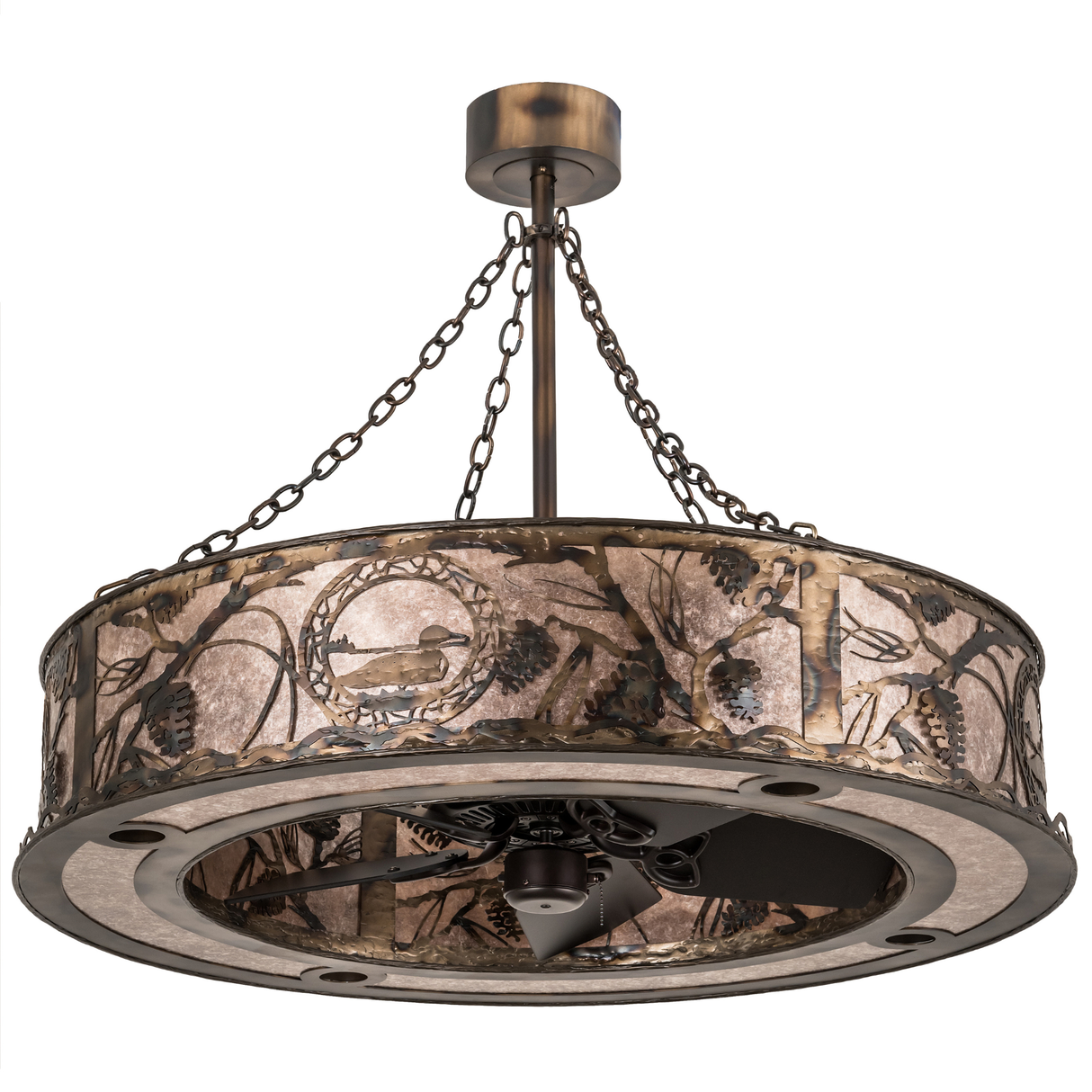 Unlit angled view showing detailed loon and pine motif metalwork.