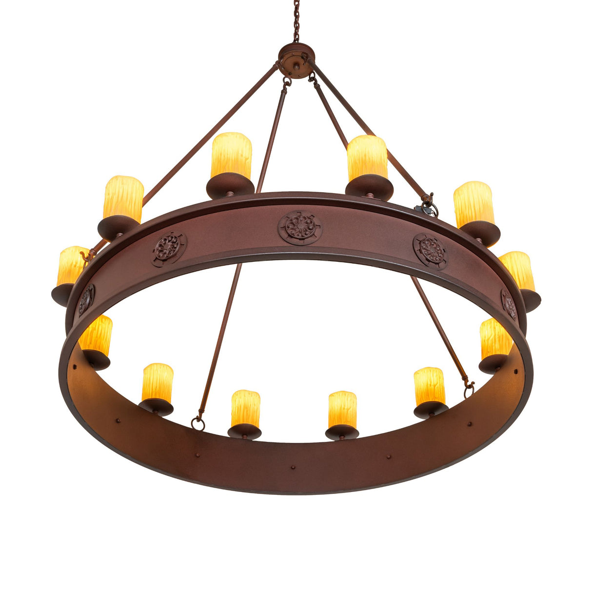 Bottom angle view of chandelier with candle-style lights.