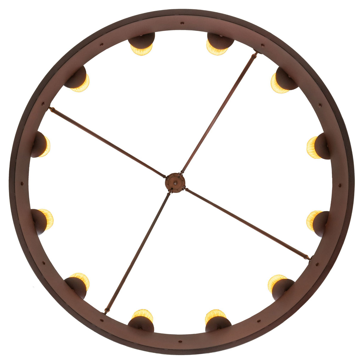 Bottom view of chandelier showing circular light layout.