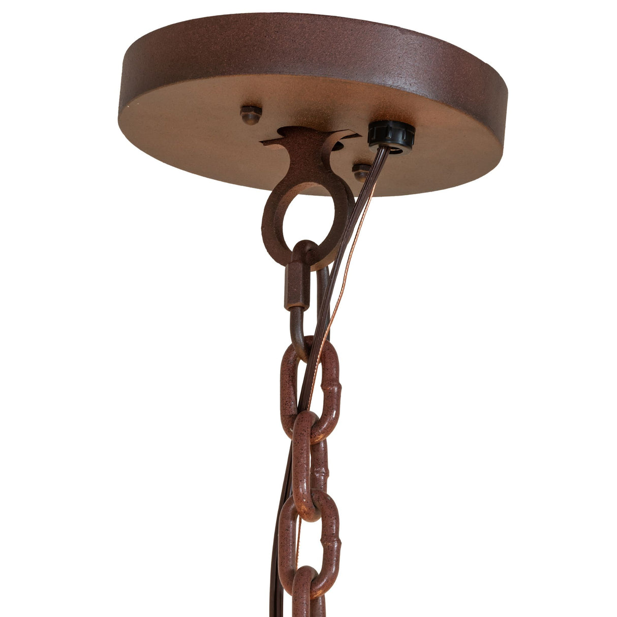 Ceiling canopy and adjustable chain detail of chandelier.