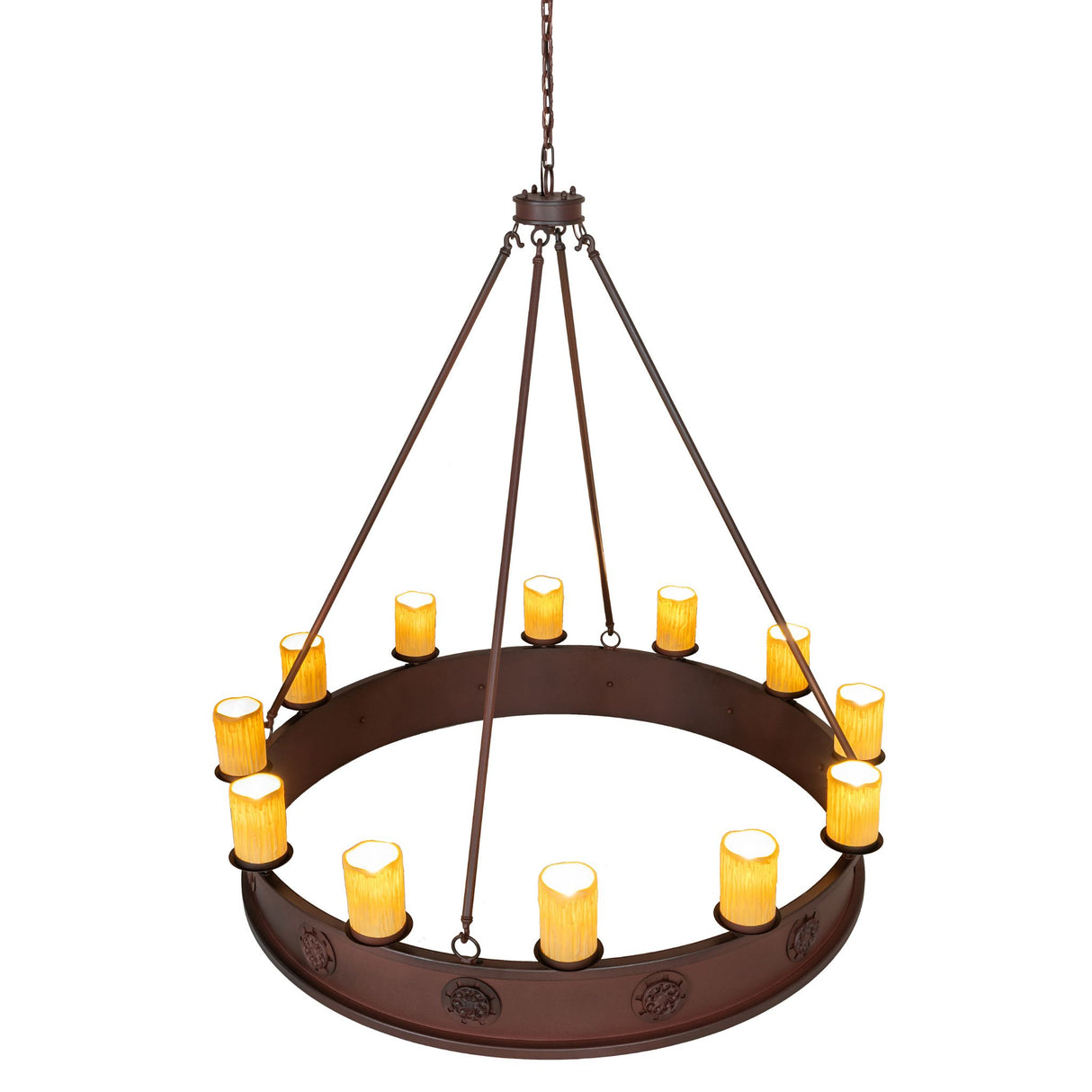 Top angle view of chandelier with circular ring design.