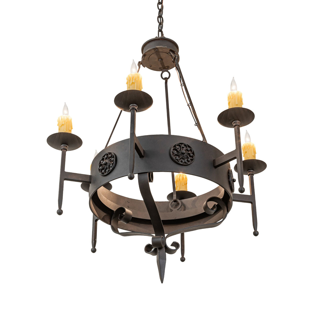 Bottom angle view of chandelier emphasizing curved metal supports and candlelight arrangement.