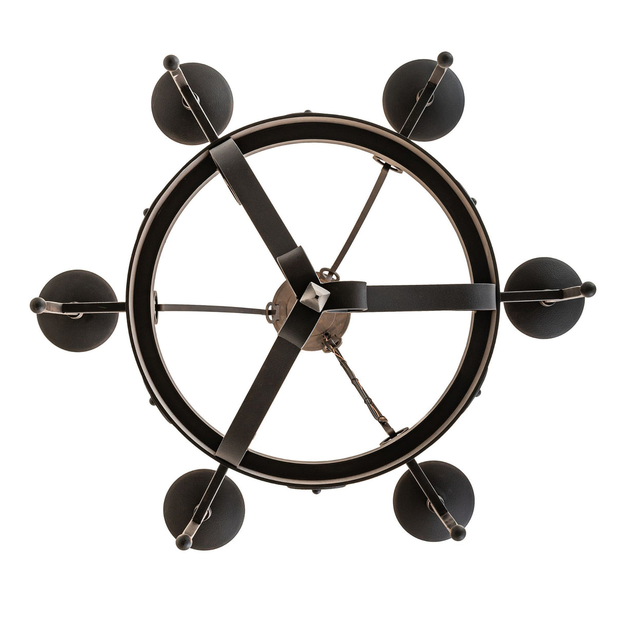 Bottom view of six light chandelier showing circular layout and internal metal framework.