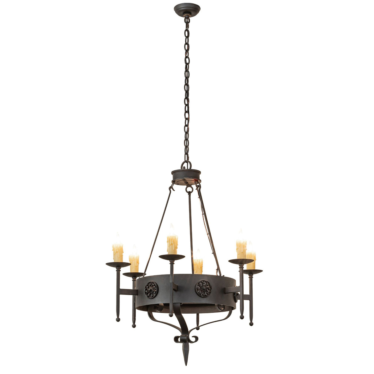 Full view of chandelier showing chain suspension, circular frame, and candle-style lights.