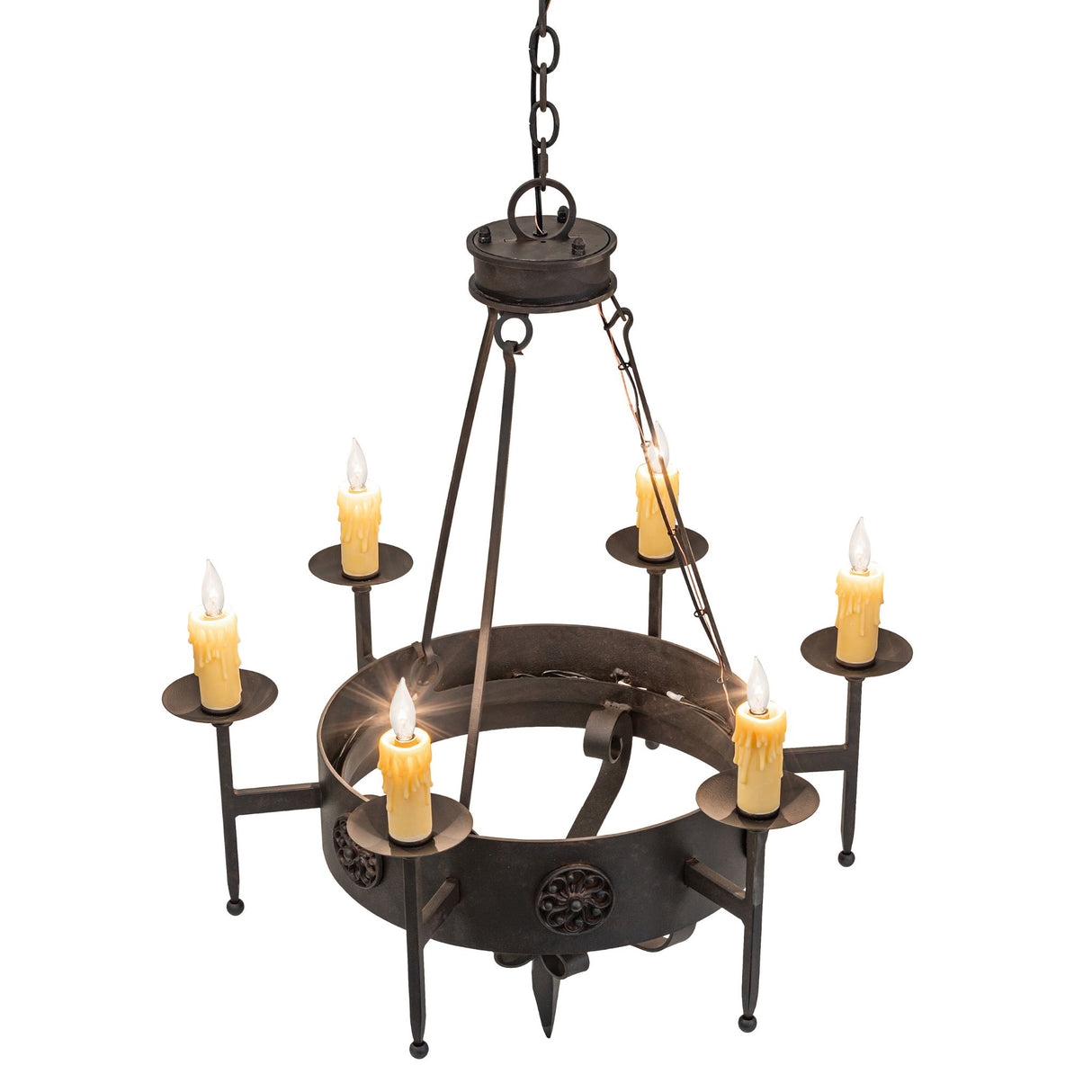 Top angle view showing candlelights, chain suspension and upper frame construction.