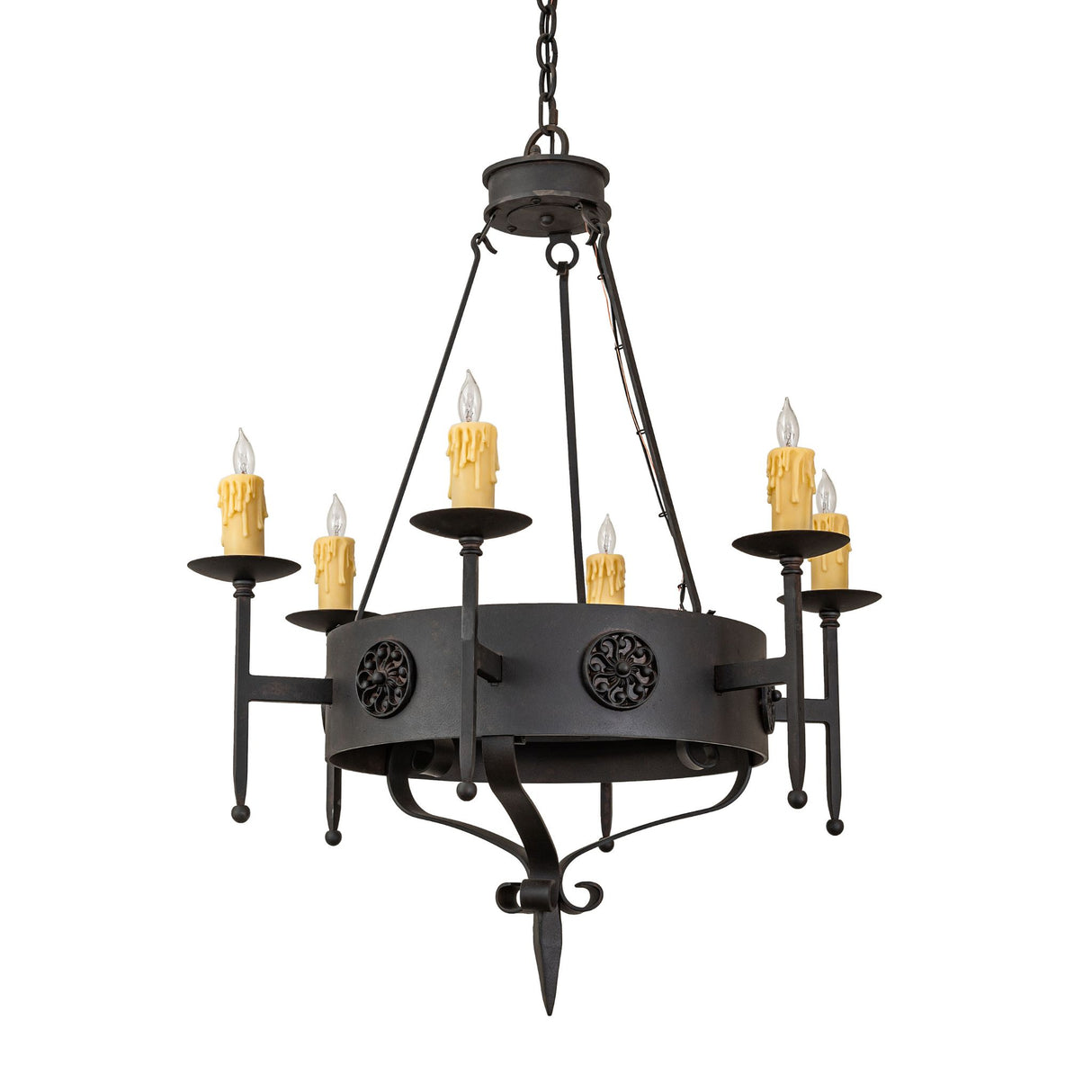 Unlit Lorenzo six light chandelier showing chestnut metal finish, floral medallions, and candle holders.