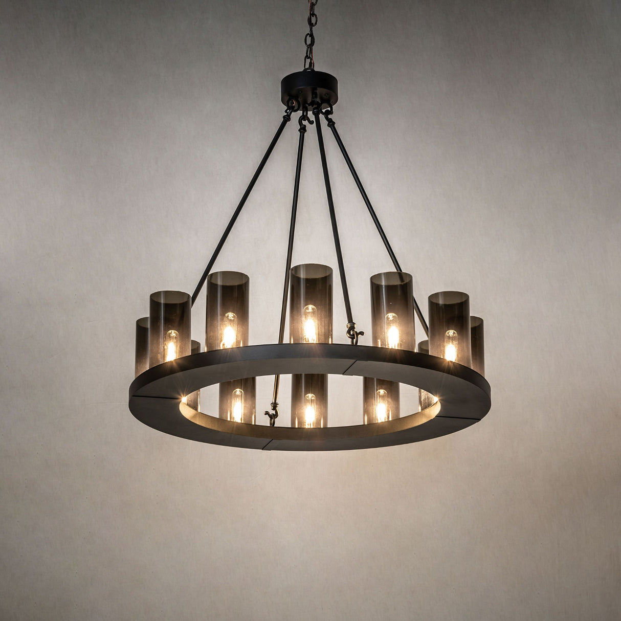 Loxley 12 light chandelier ambient lighting with textured black finish.