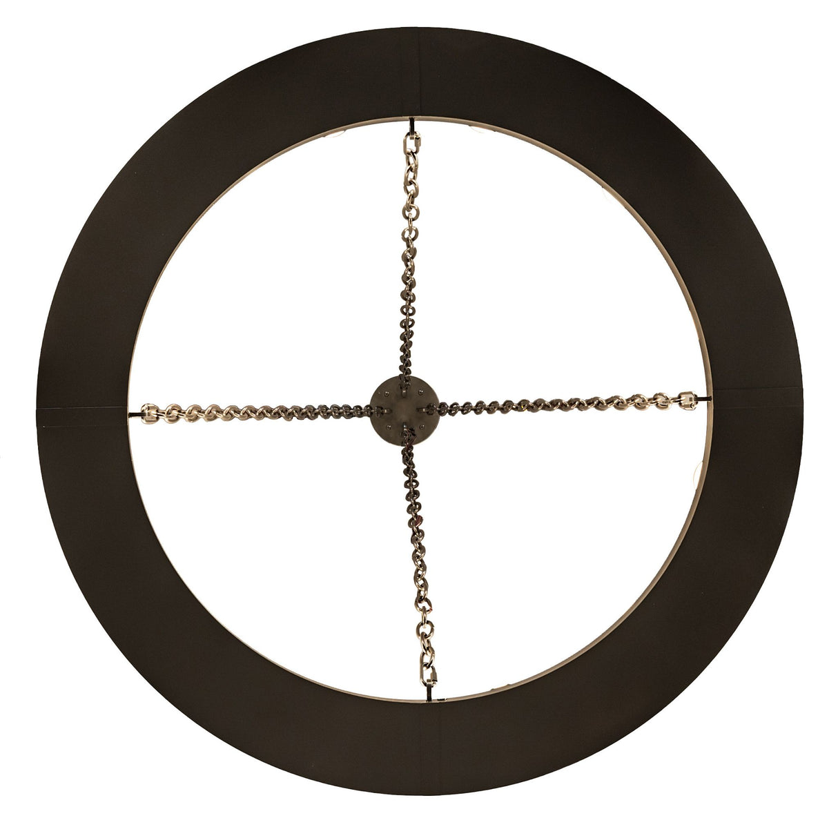 Bottom view of 12 light circular chandelier frame with suspension.
