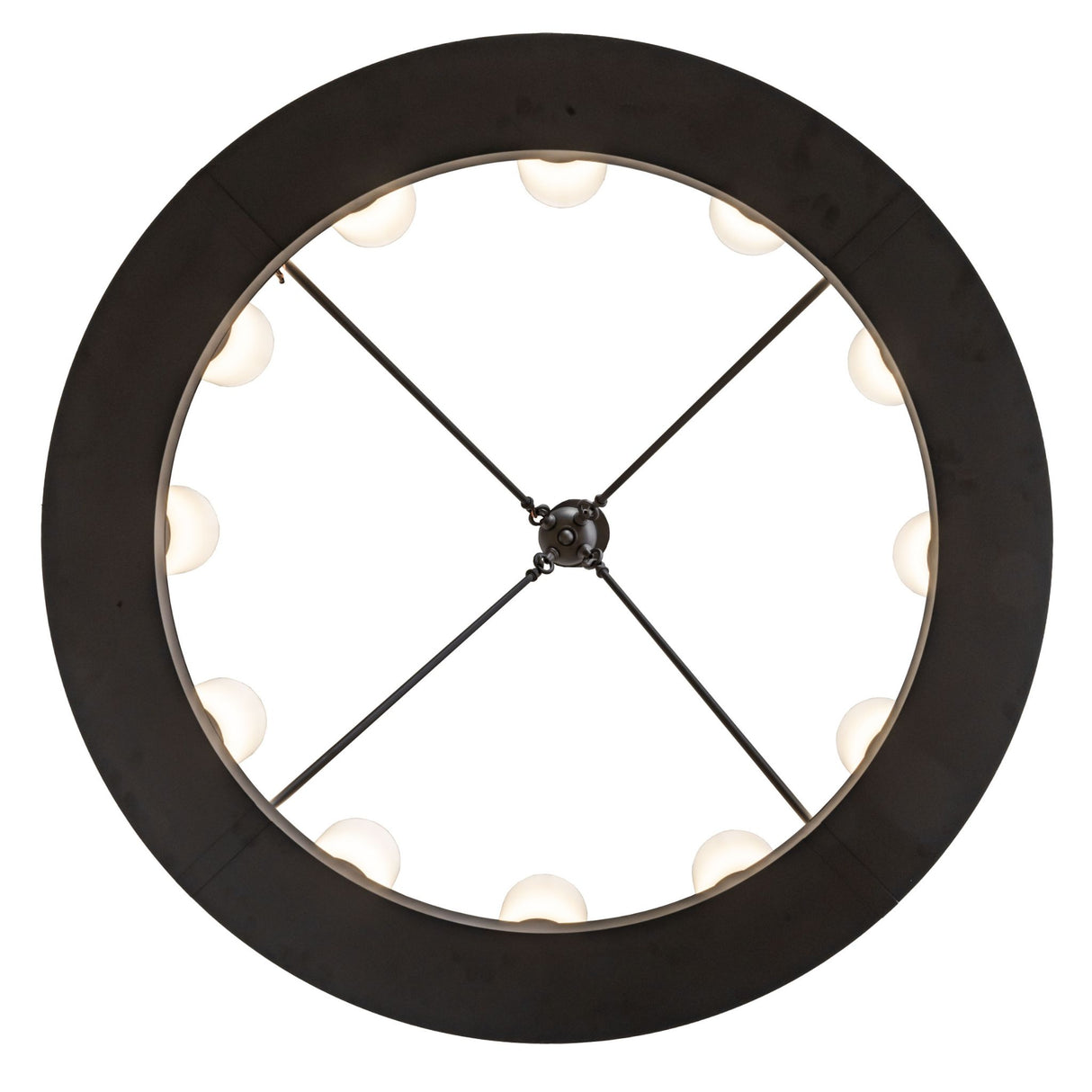 Bottom view of the chandelier revealing evenly spaced cylindrical glass lights on circular frame.