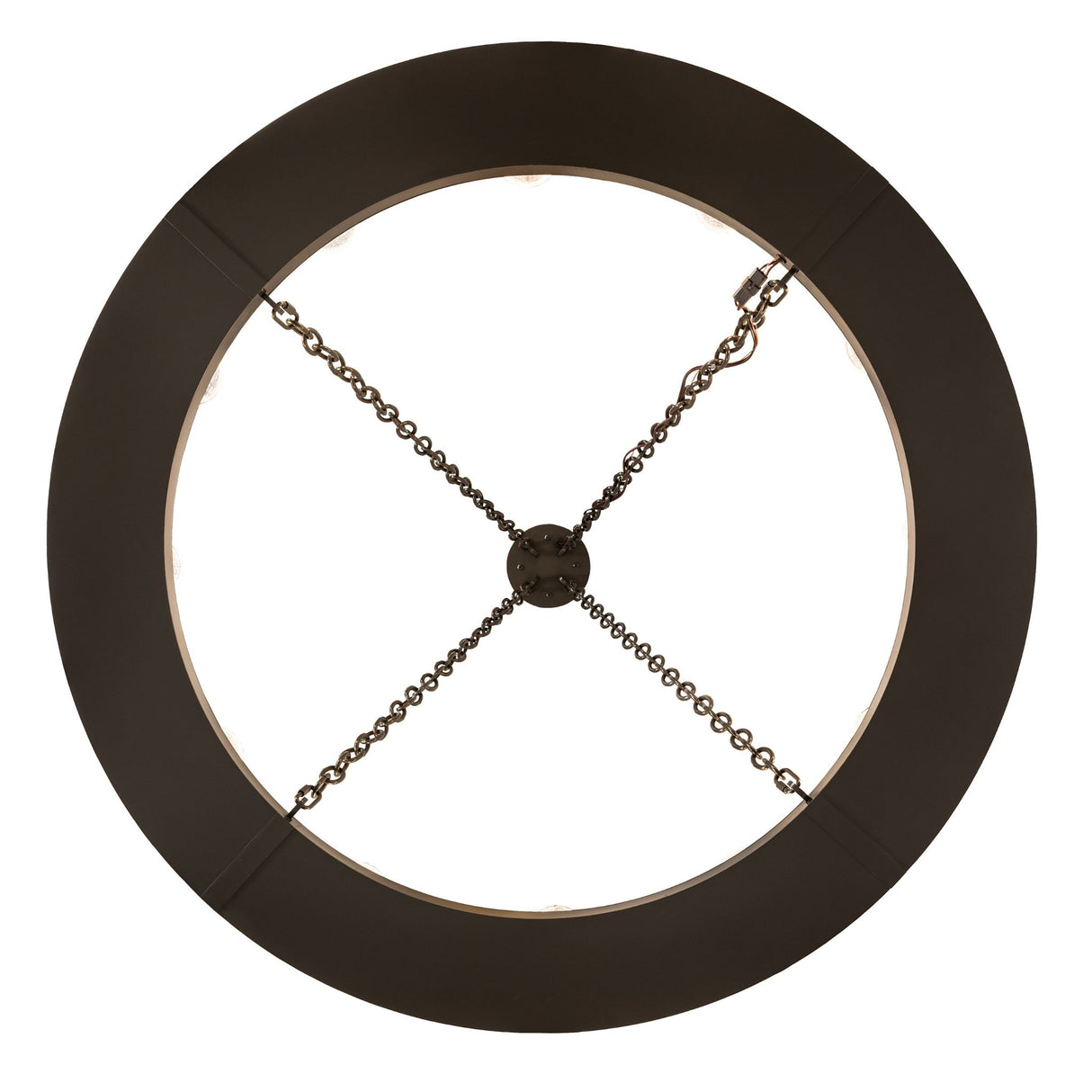 Underside view of Loxley chandelier circular frame and chains.
