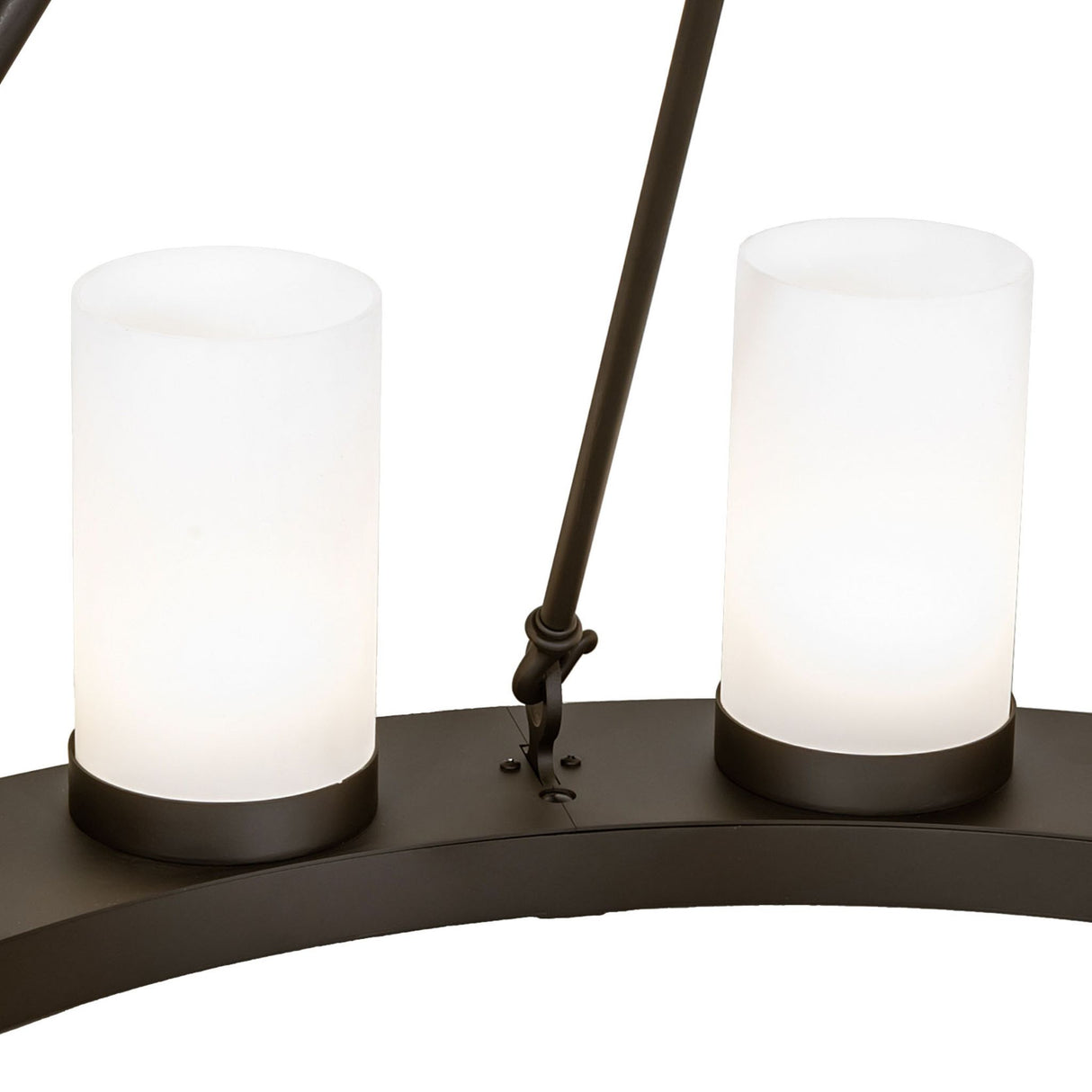 Close-up detail of the Loxley chandelier’s cylindrical white glass shade and metal base.