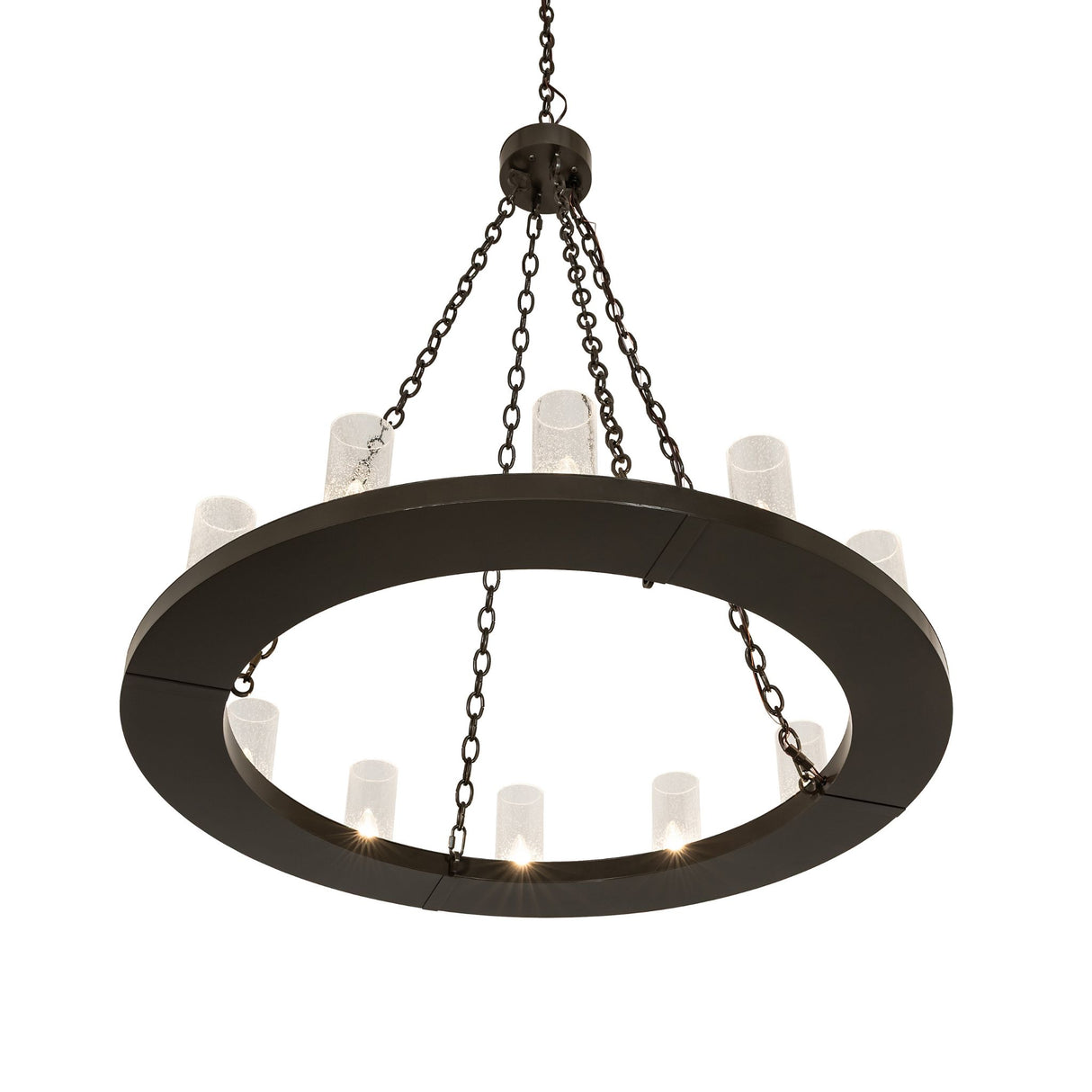 Bottom angle view of lit Loxley chandelier ring design.