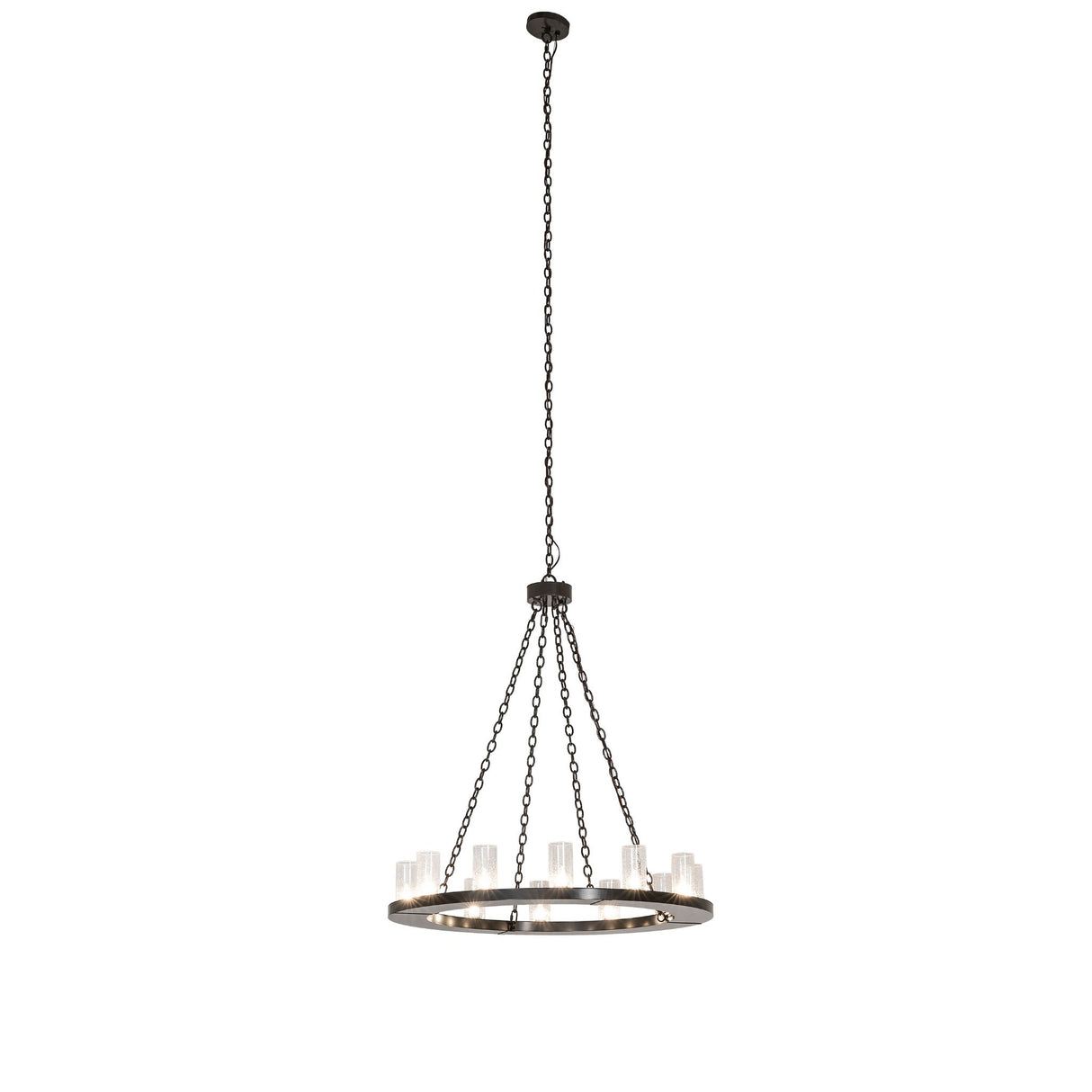 Full hanging view of lit Loxley 12-light chandelier.