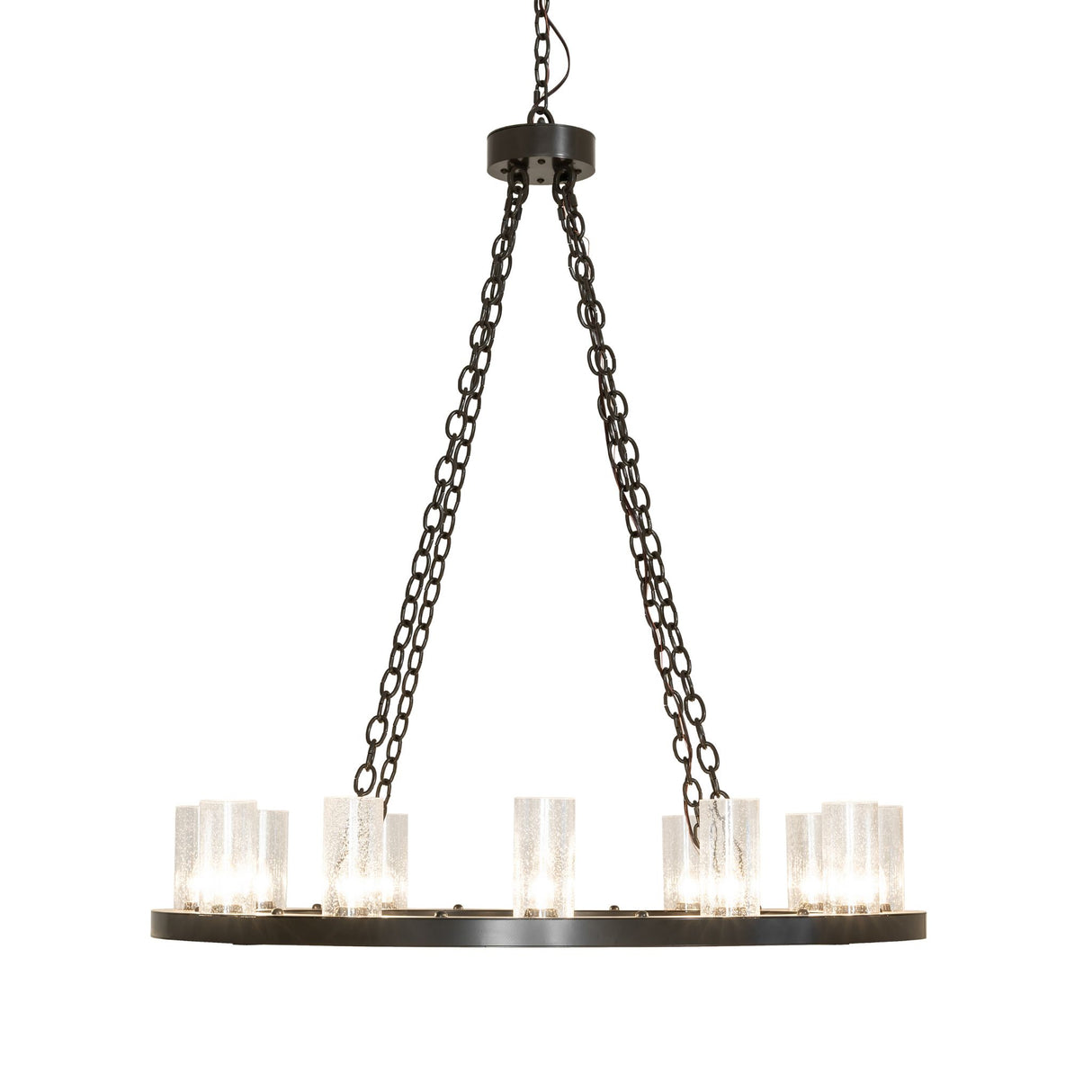Side view of Loxley 12-light chandelier with chain suspension.