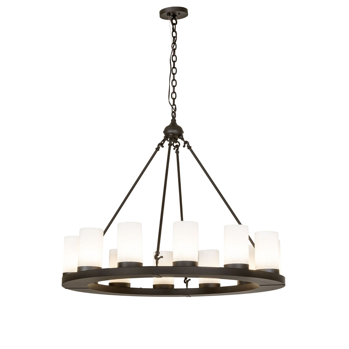 Lit view of the chandelier with cylindrical glass shades and oil rubbed bronze ring.