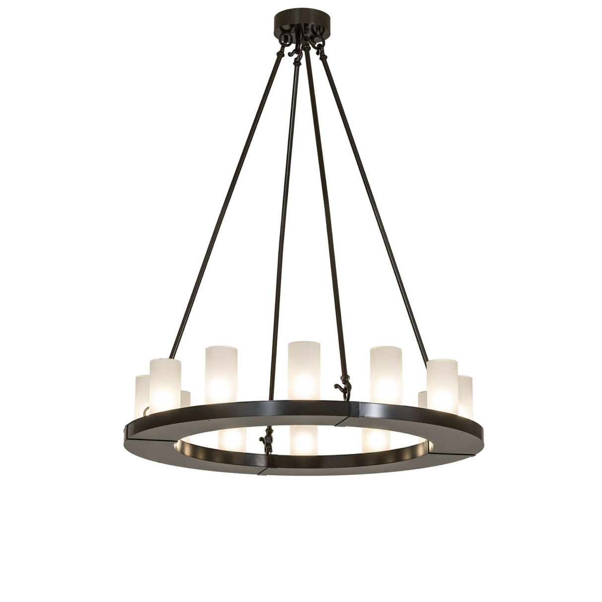 Lit view of the chandelier, featuring glass cylinder shades and circular metal frame.