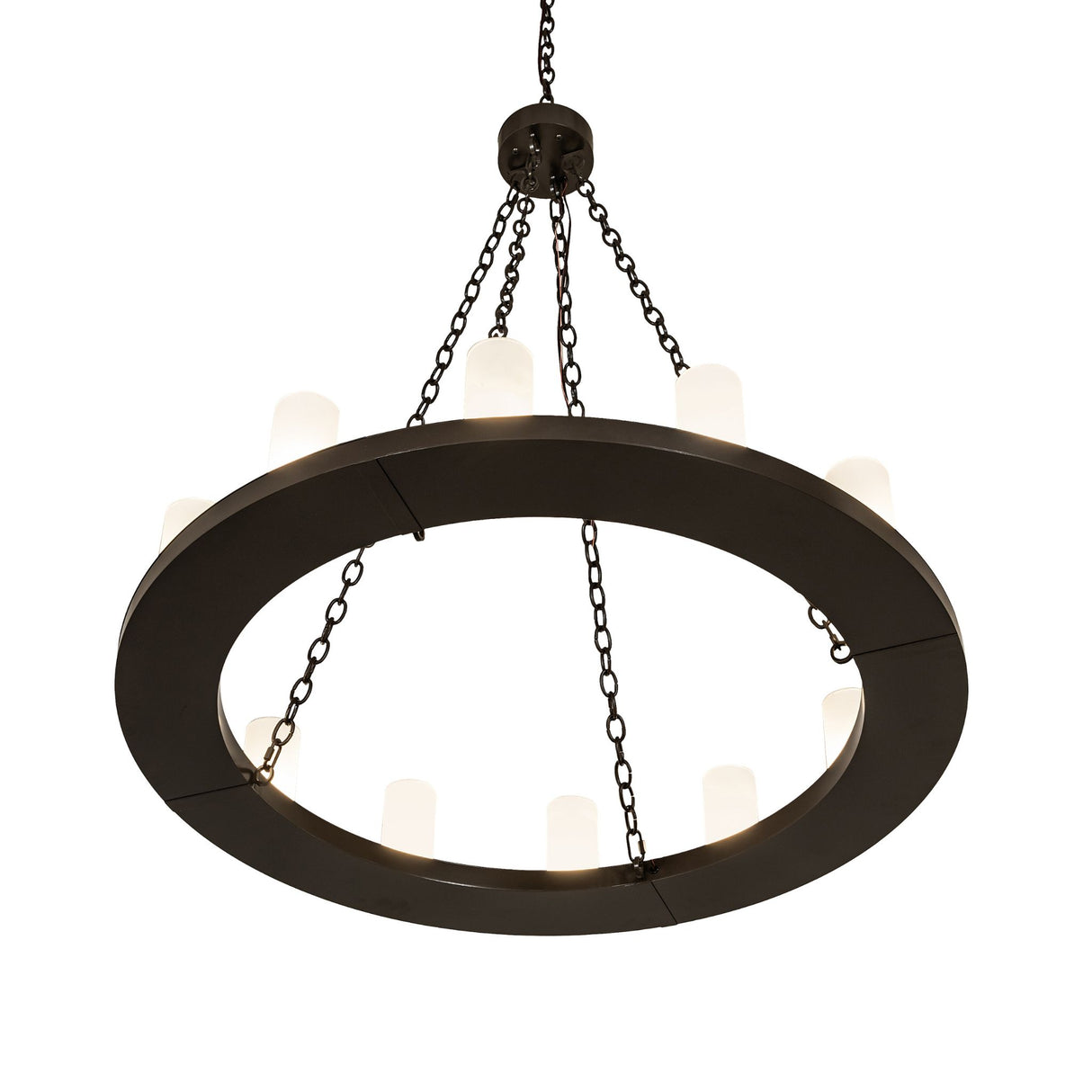 Lower angle view highlighting Loxley chandelier ring and glass cylinders.