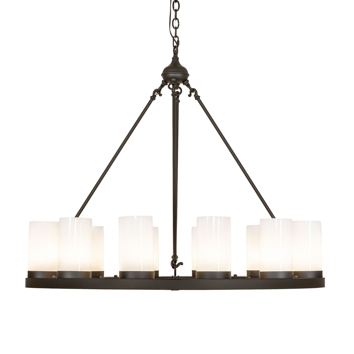 Side profile of the 12-light chandelier showing suspended ring and support rods.