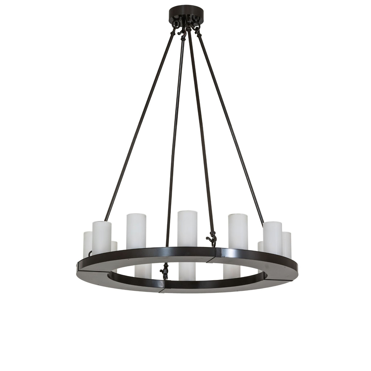 Unlit view of chandelier with frosted glass cylinder shades arranged on a metal ring.