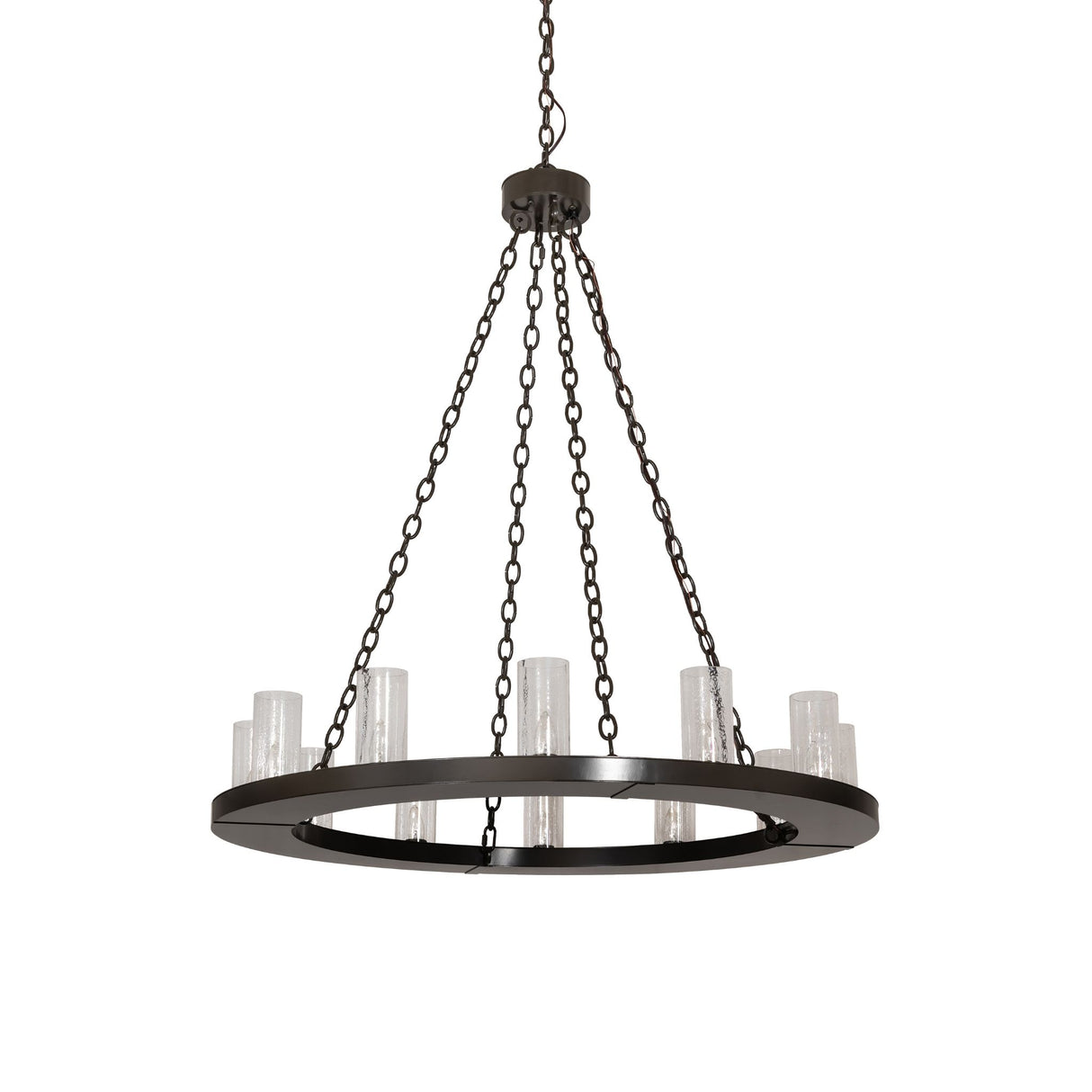 Unlit view of 12-light chandelier with seeded glass cylinders.