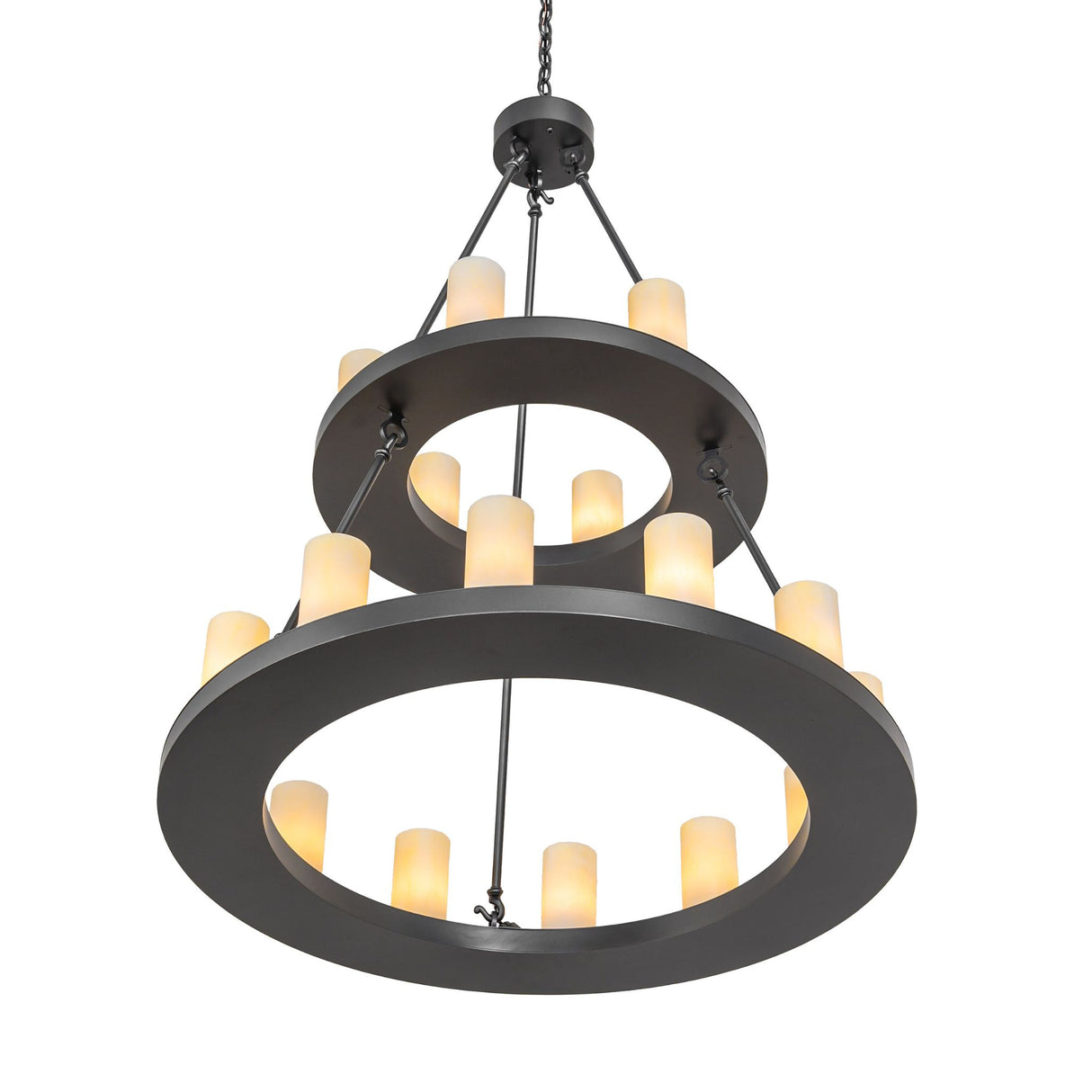 Bottom angle view of Loxley 18 light chandelier showing inner and outer ring illumination.