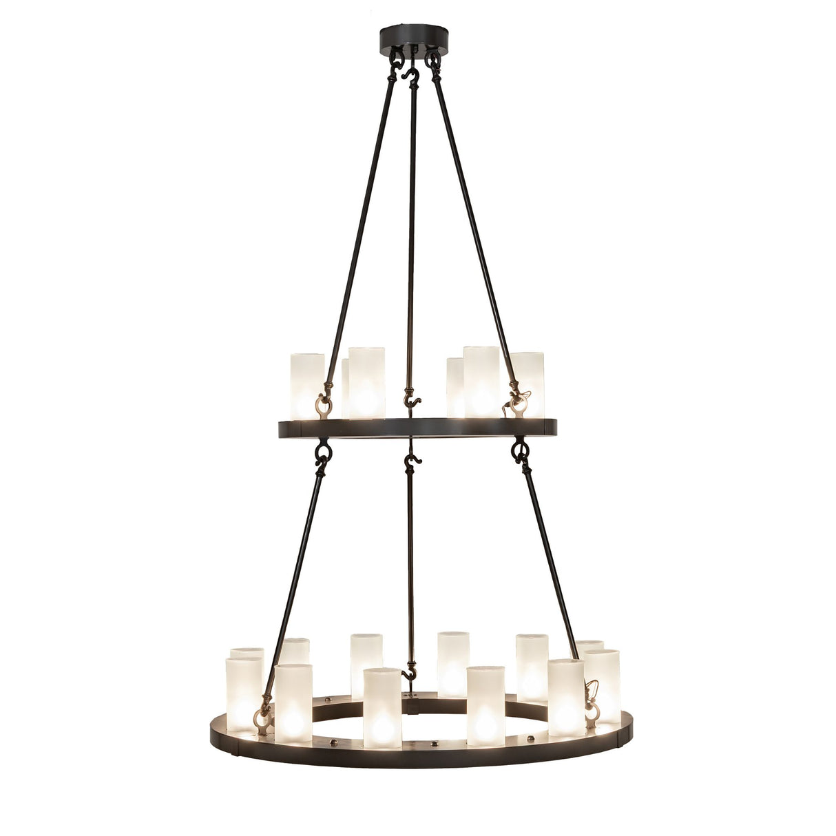 Side view of the chandelier showing upper and lower tier separation.