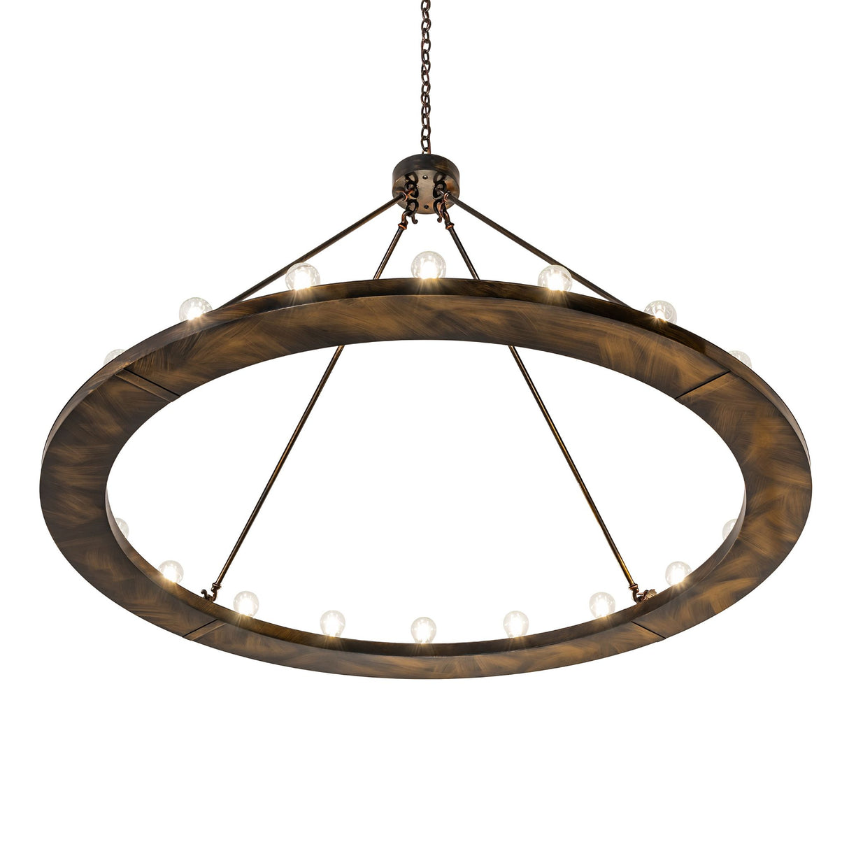 Bottom angled view of the chandelier highlighting interior bulb placement and ring construction.