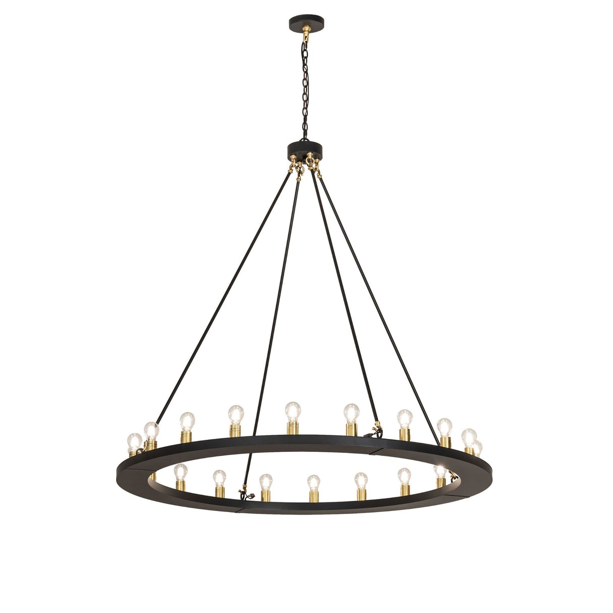 Full view of 20 light chandelier with canopy, suspension rods, and circular ring.