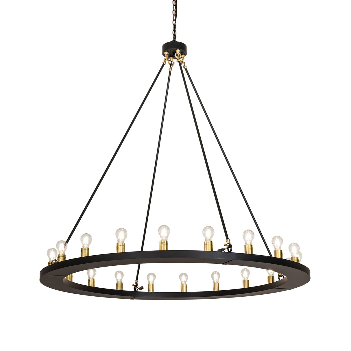 Loxley 20 light chandelier illuminated, showing circular ring and exposed Edison bulbs.