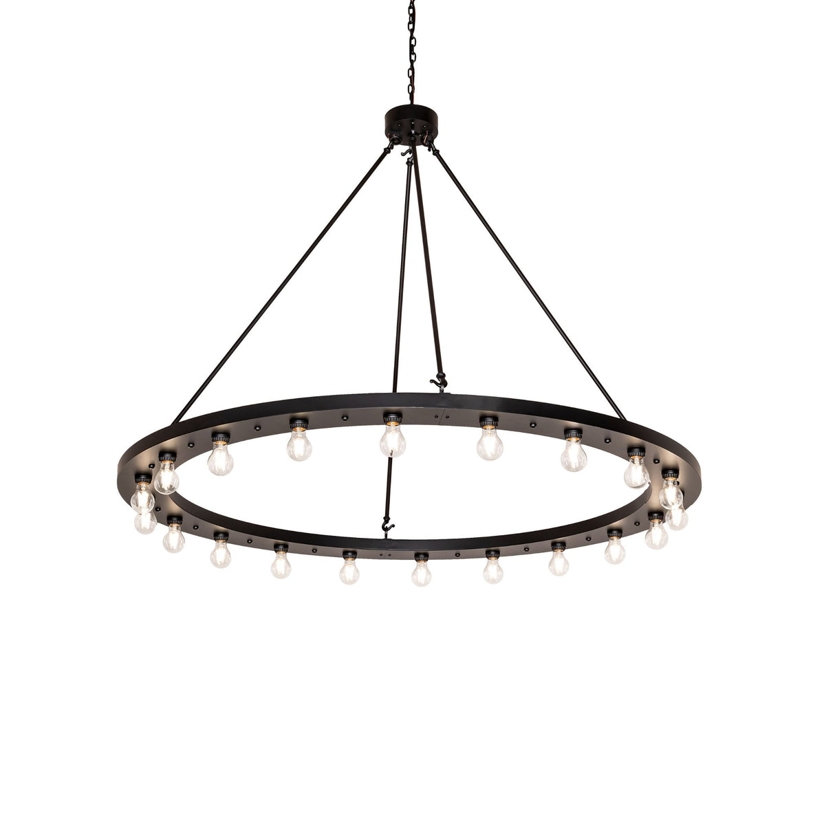 Lit view of the 20-light chandelier showcasing Edison bulbs and solar black circular frame.