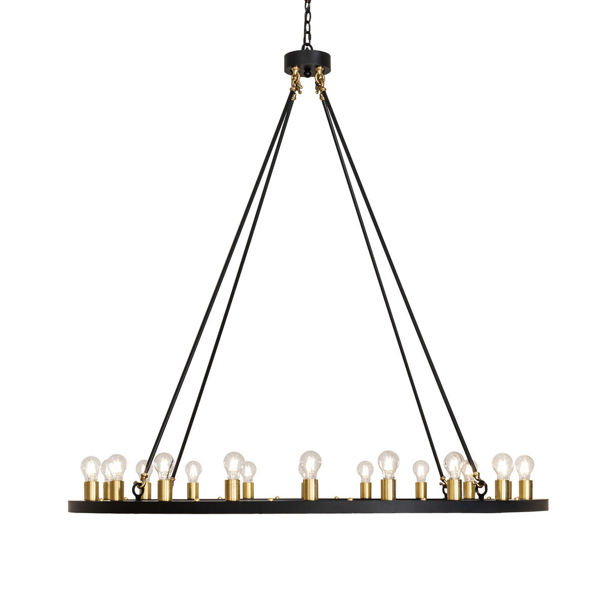 Side view of Loxley 20 light chandelier displaying suspension rods and ring profile.