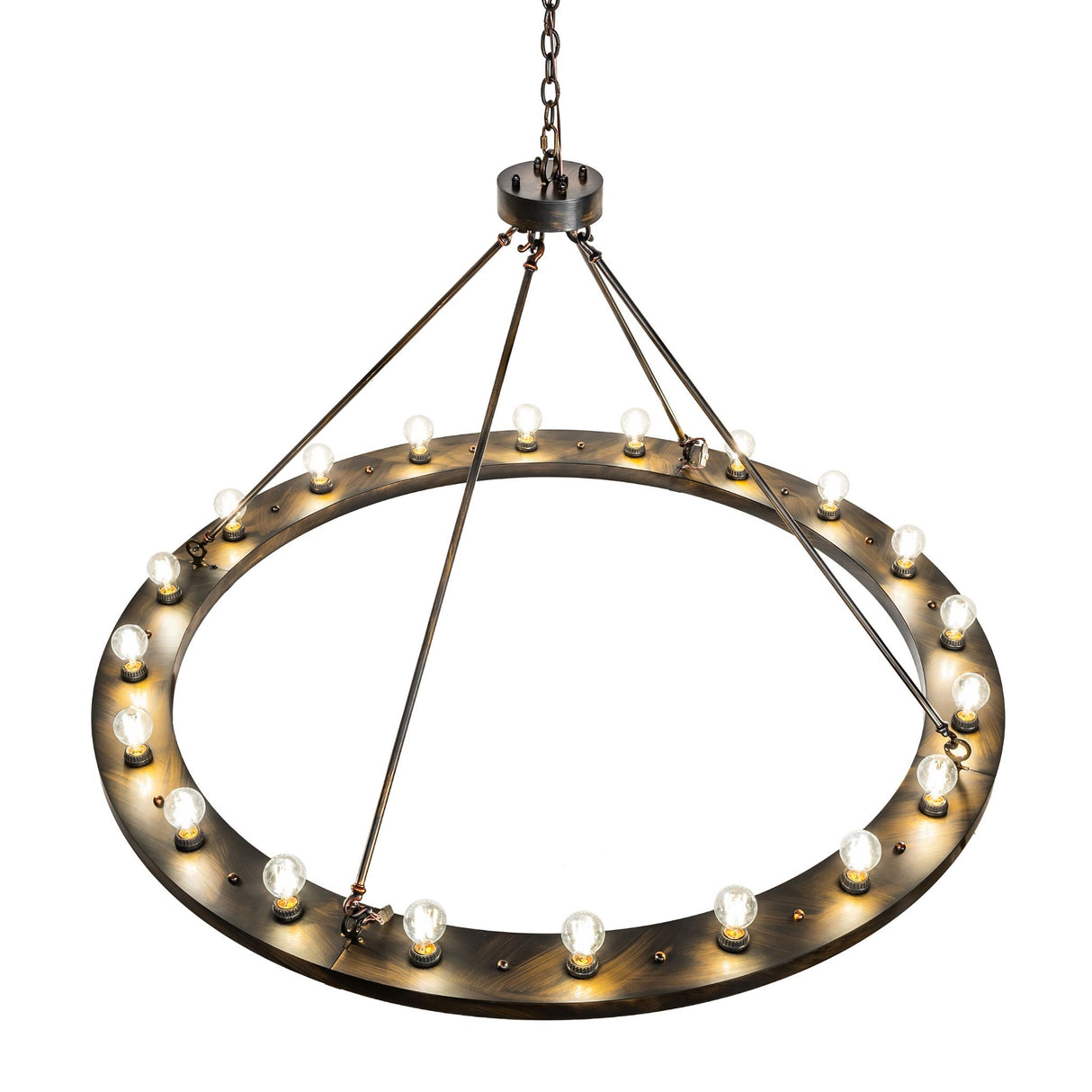 Top view of the 20 light chandelier displaying the circular metal frame and mounting points.