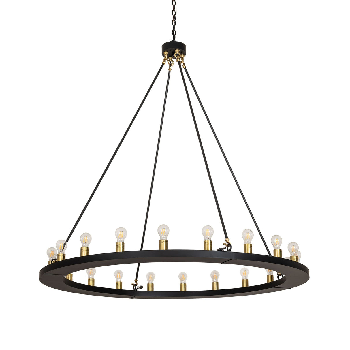 Loxley 20 light chandelier unlit, highlighting black circular frame and brass accents.