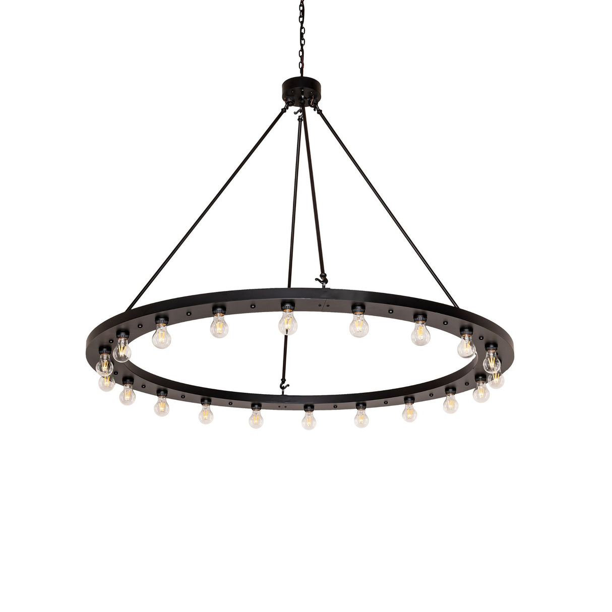 Unlit view highlighting the clean circular silhouette and solar black finish of the chandelier.