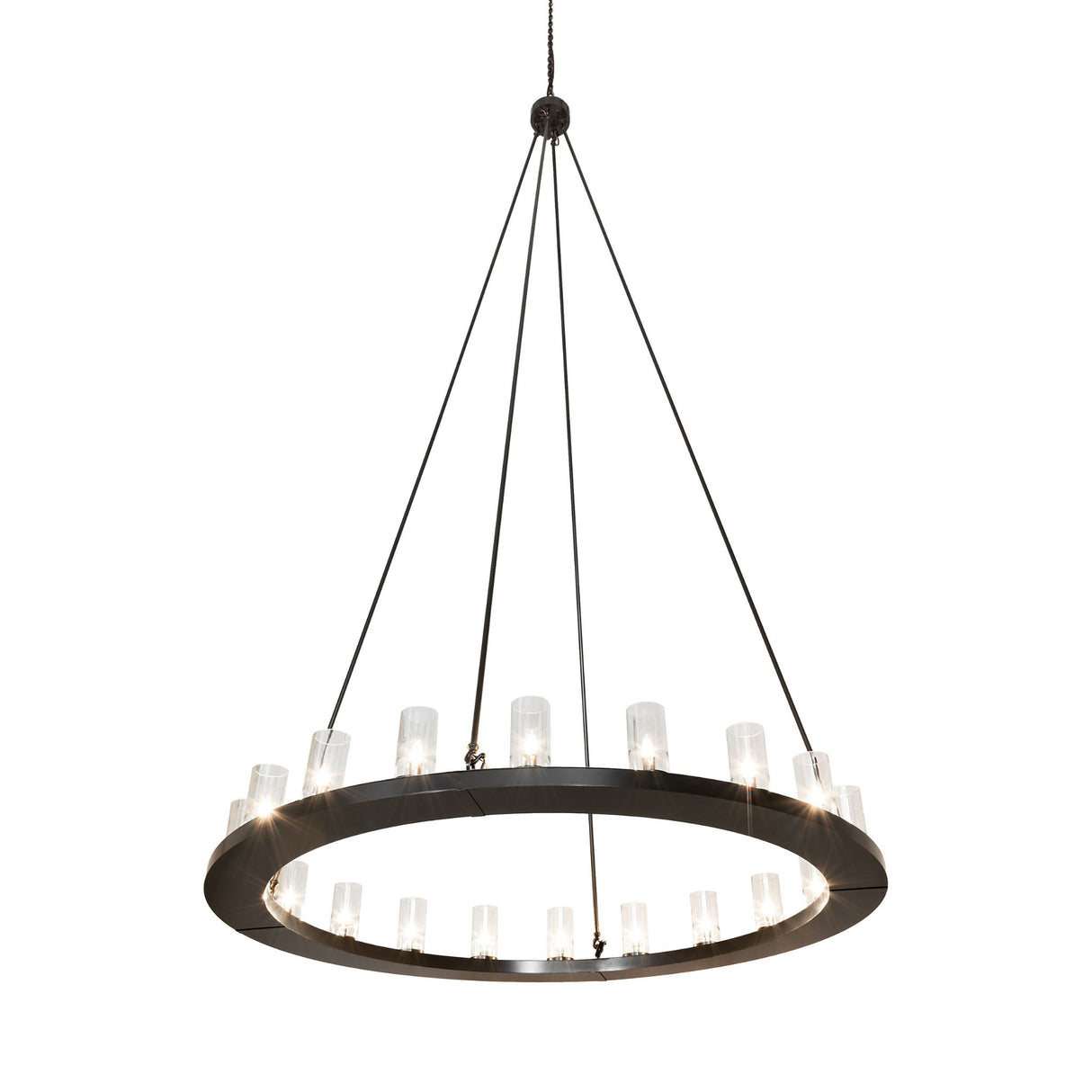 Bottom angle view of the chandelier emphasizing the glass cylinder light arrangement.