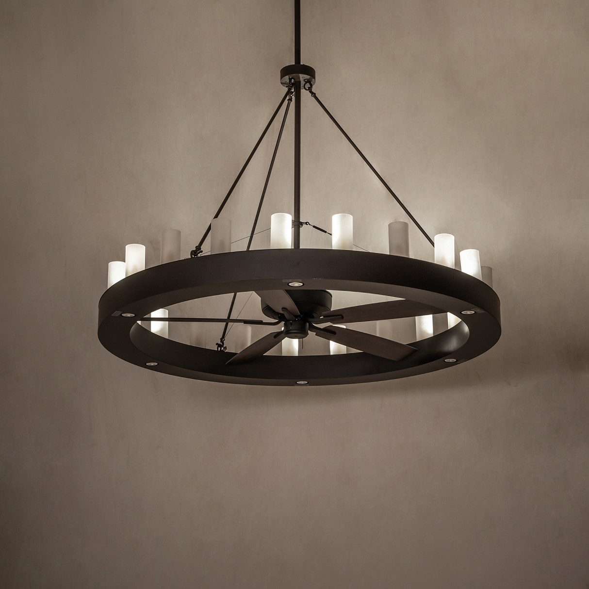Ambient room view of Loxley 21 Light chandelier fan in low dimmed lighting.
