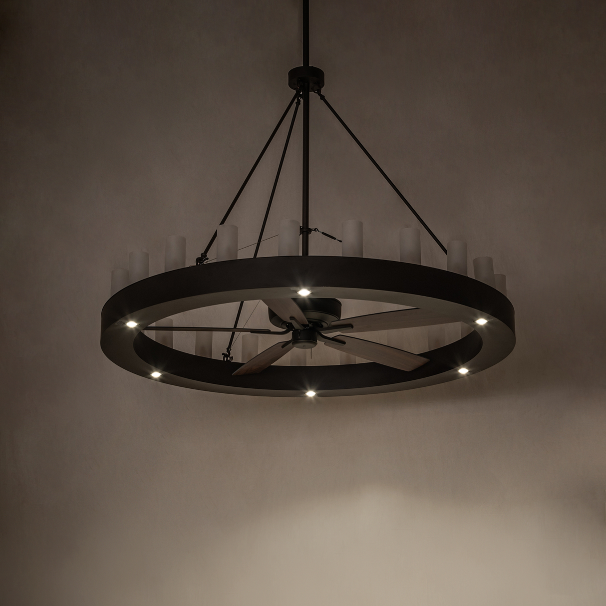 Unlit ambient view of Loxley 21 Light chandelier fan showing its sleek circular frame.