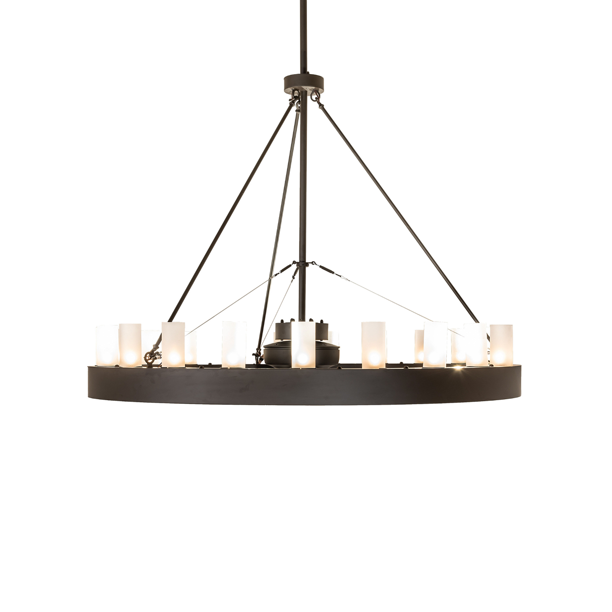 Side view of lit Loxley 21 Light Chandel-Air highlighting balanced ring design.