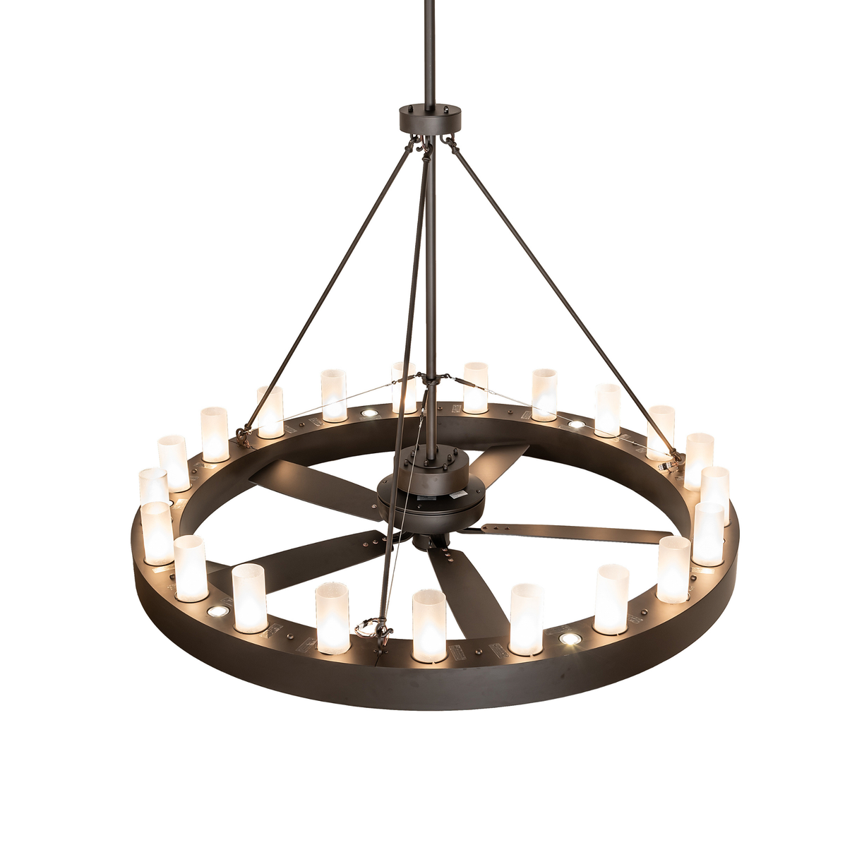 Overhead angle of illuminated Loxley chandelier fan with frosted glass cylinder lights.