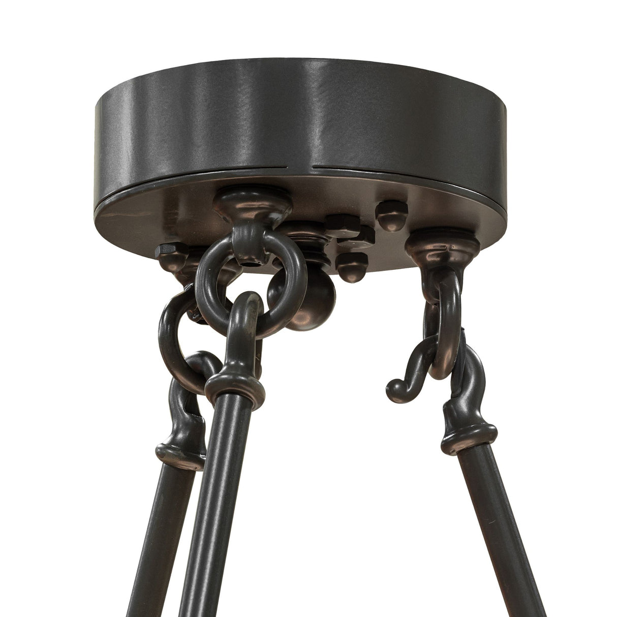 Close-up of the ceiling canopy and suspension hardware supporting the 21 light chandelier.