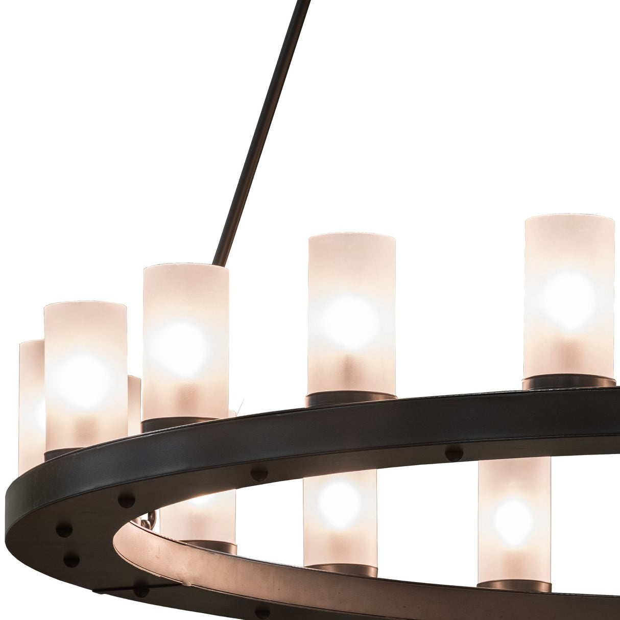Detailed view of frosted glass luminaries mounted on the circular steel ring.