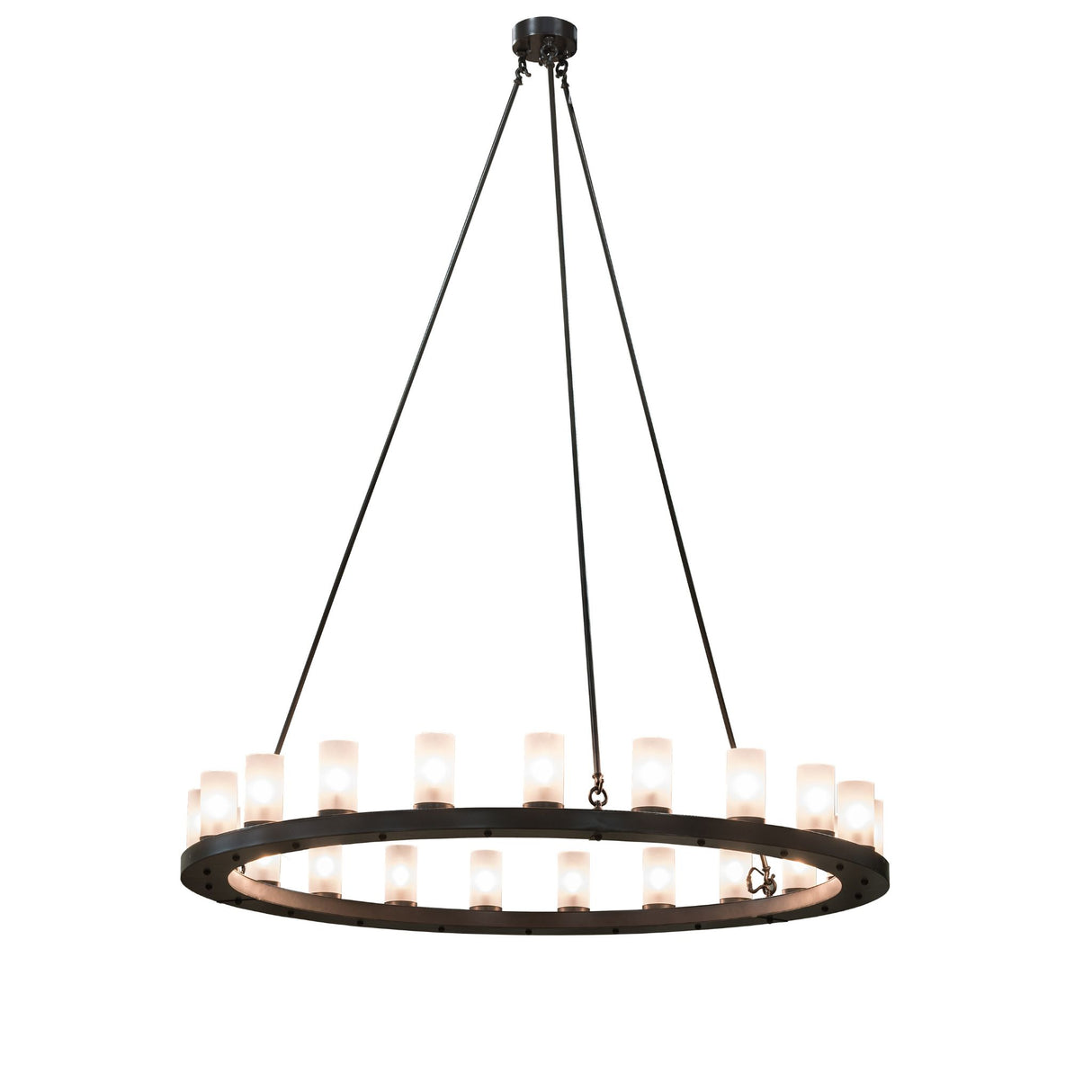 Lit view, featuring satin clear glass luminaries arranged on a circular metal frame.