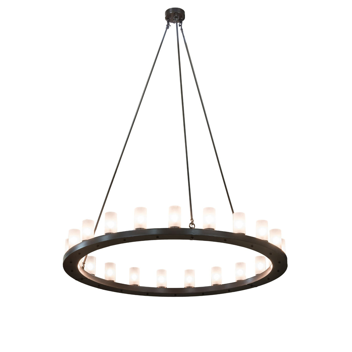 Lower angle view showing the underside of the circular ring and upward-facing glass lights.