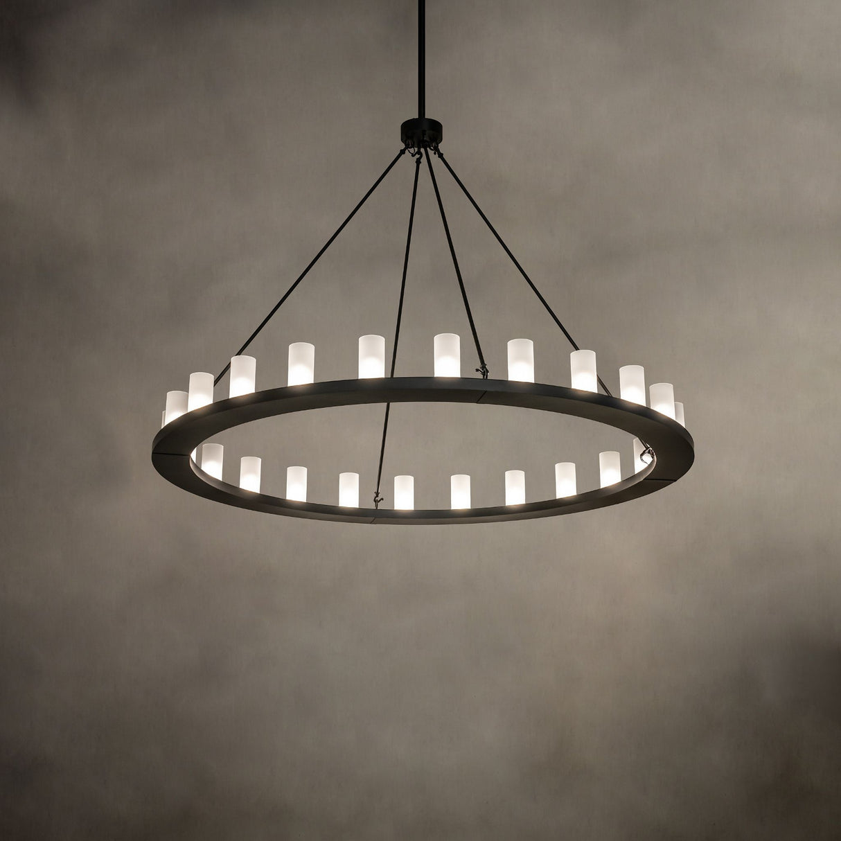 Loxley ring chandelier shown in ambient lighting highlighting soft glow and modern design.