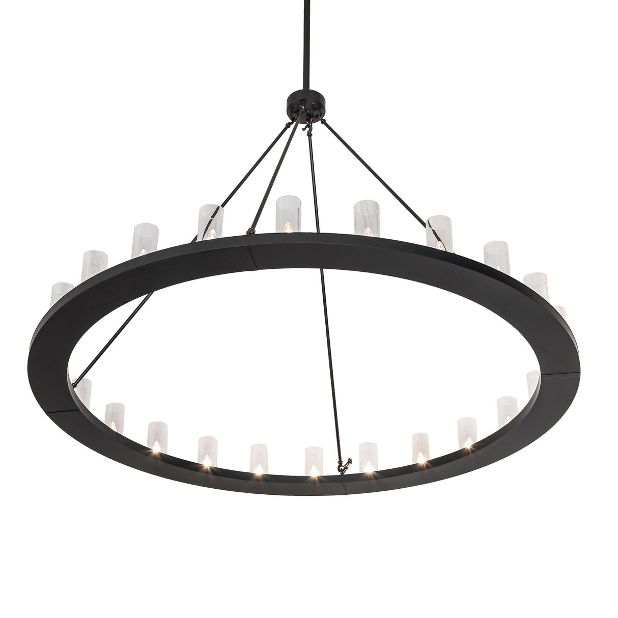 Bottom angle view of chandelier emphasizing circular form and interior light arrangement.