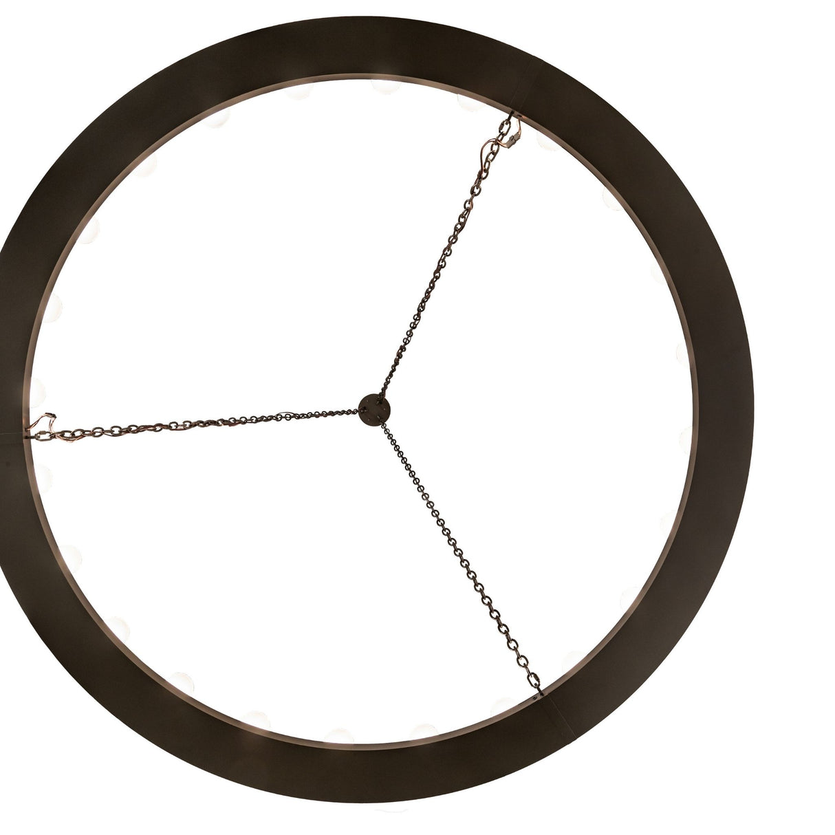 Bottom view of chandelier showing circular bronze frame with frosted glass cylinder lights.