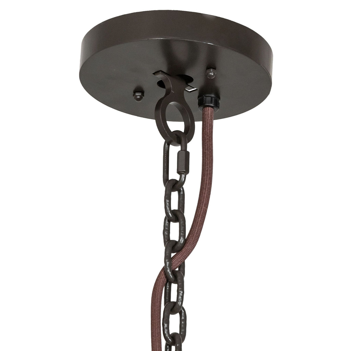 Close up of chandelier canopy and chain hardware in timeless bronze finish.