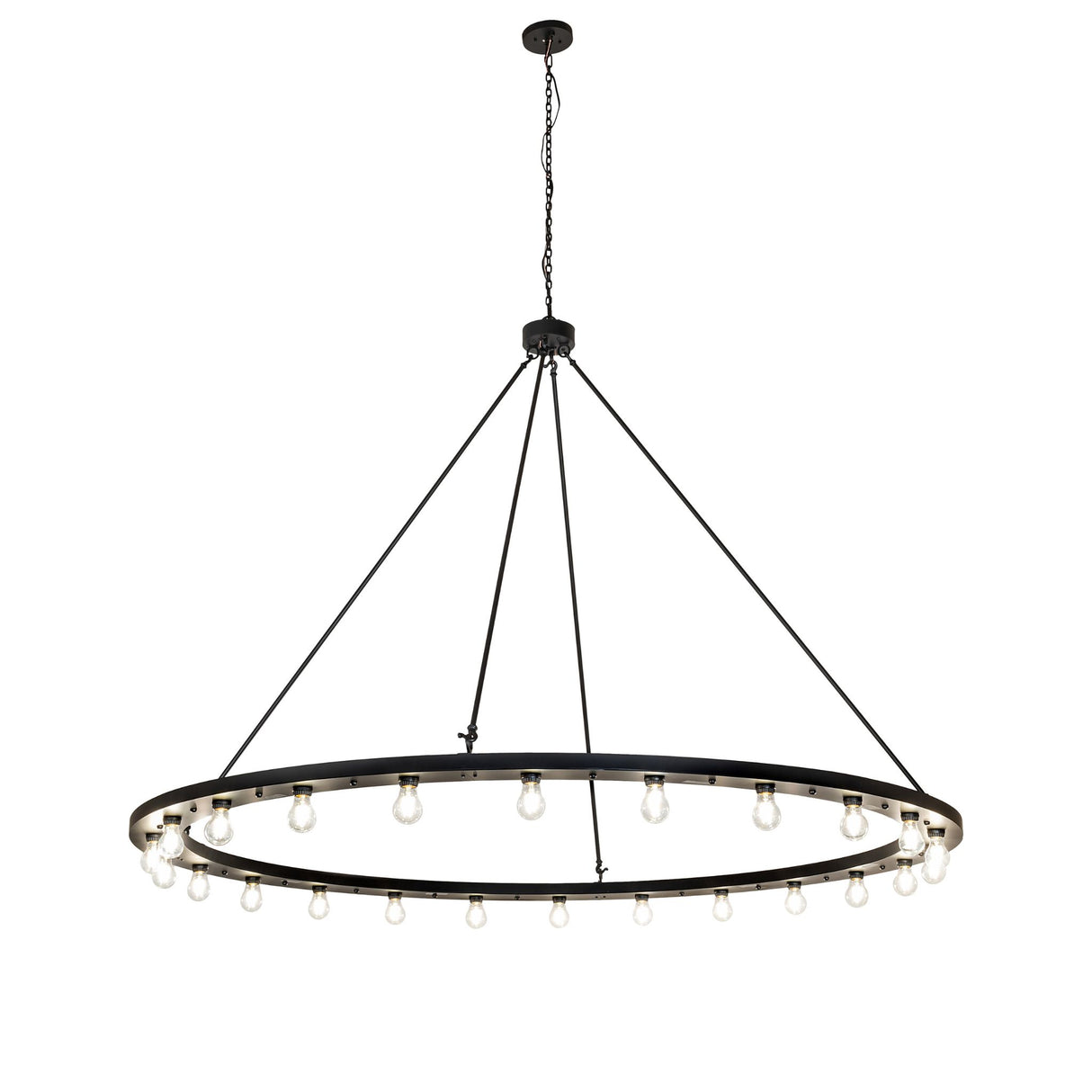 Full view of the chandelier featuring a circular ring with exposed Edison bulbs and suspended rods.