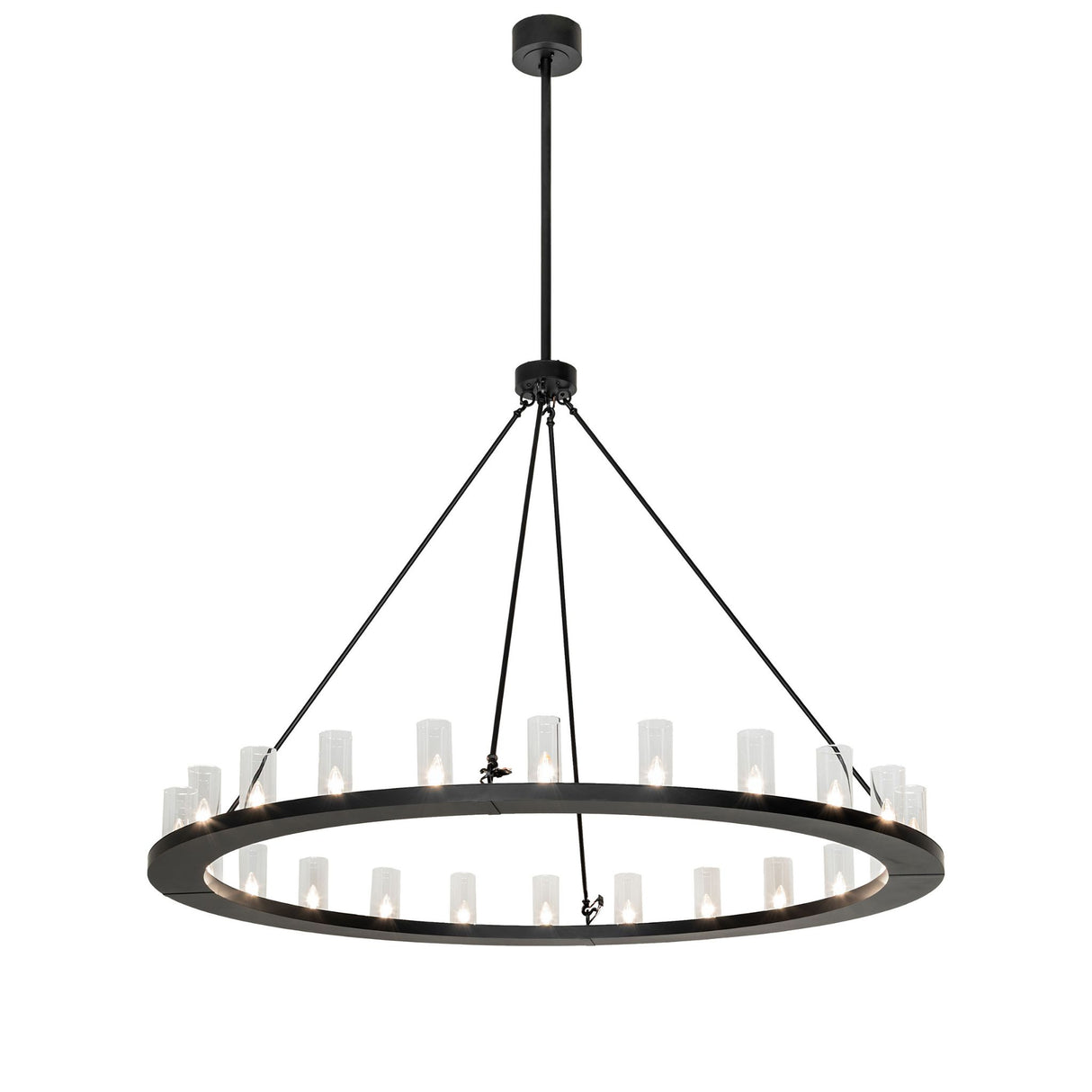 Full view of chandelier with circular frame and clear glass cylinder lights.